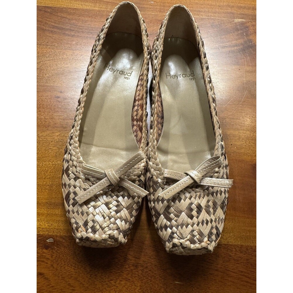 Heyraud 1921 Women's Woven Leather Ballet Flats Square Toe Bow Size 8 Old Money